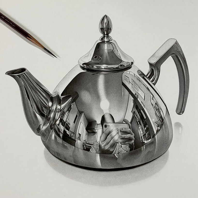 japanese artist creates intricate hyper-realistic pencil drawings of everyday metallic objects