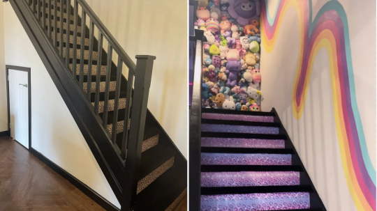 Left: The staircase before Jemma's makeover, right: Jemma 's leopard print staircase leads up to the landing which has an accent wall decorated with plush toys