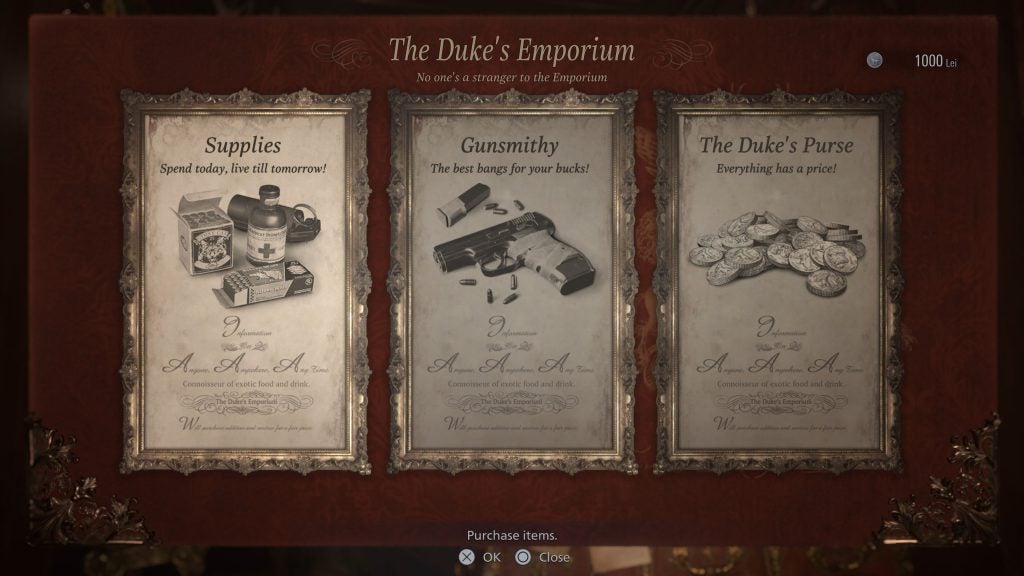 A scene from Resident Evil Village game, a board with The Duke's Emporium heading and three frames, one supplies, second gunsmithy, and third the duke's purse