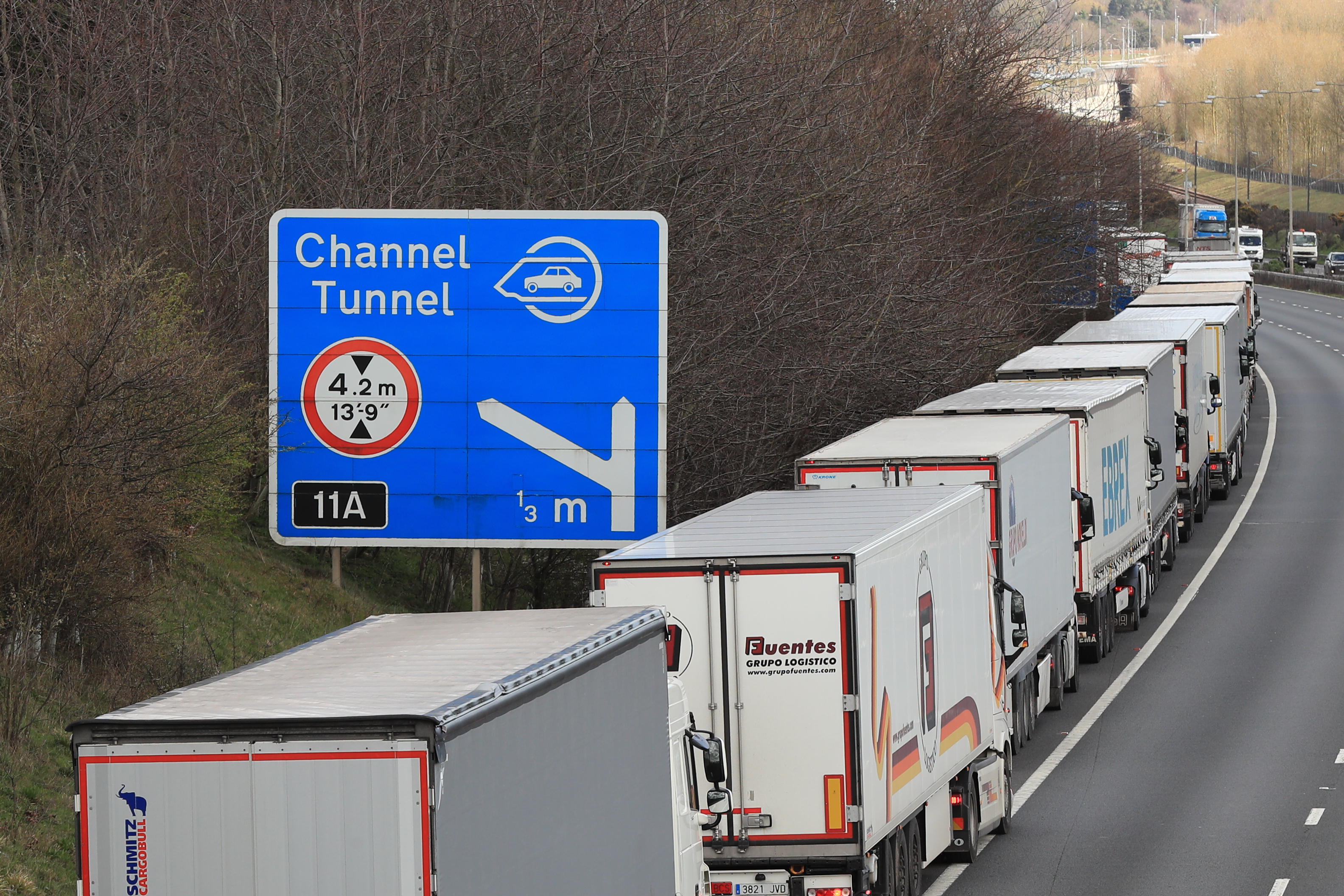 Lorries queued on the M20 outside Dover in Kent where Operation Stack is expected to be implemented