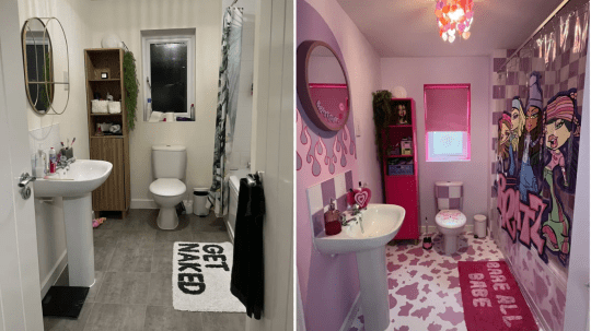 Left: The bathroom before Jemma redecorated, right: the bathroom after the Bratz makeover 