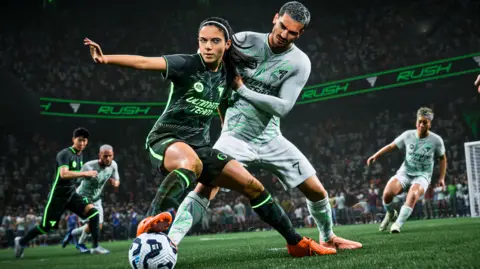 EA Digital versions of two footballers vie for possession of the ball in a virtual match.