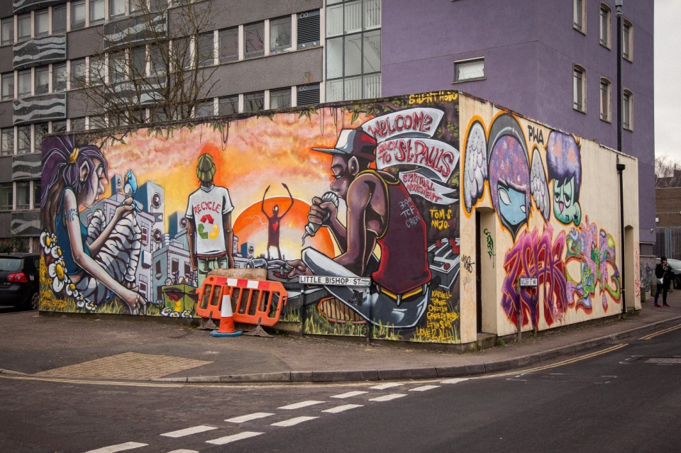 Stokes Croft and St Paul's in Bristol are home to lots of colourful street art