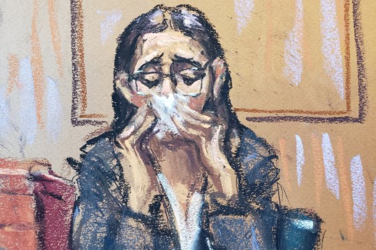 A court sketch shows Caroline Ellison react while being questioned by Assistant US Attorney Danielle Sassoon during Sam Bankman-Fried's fraud trial