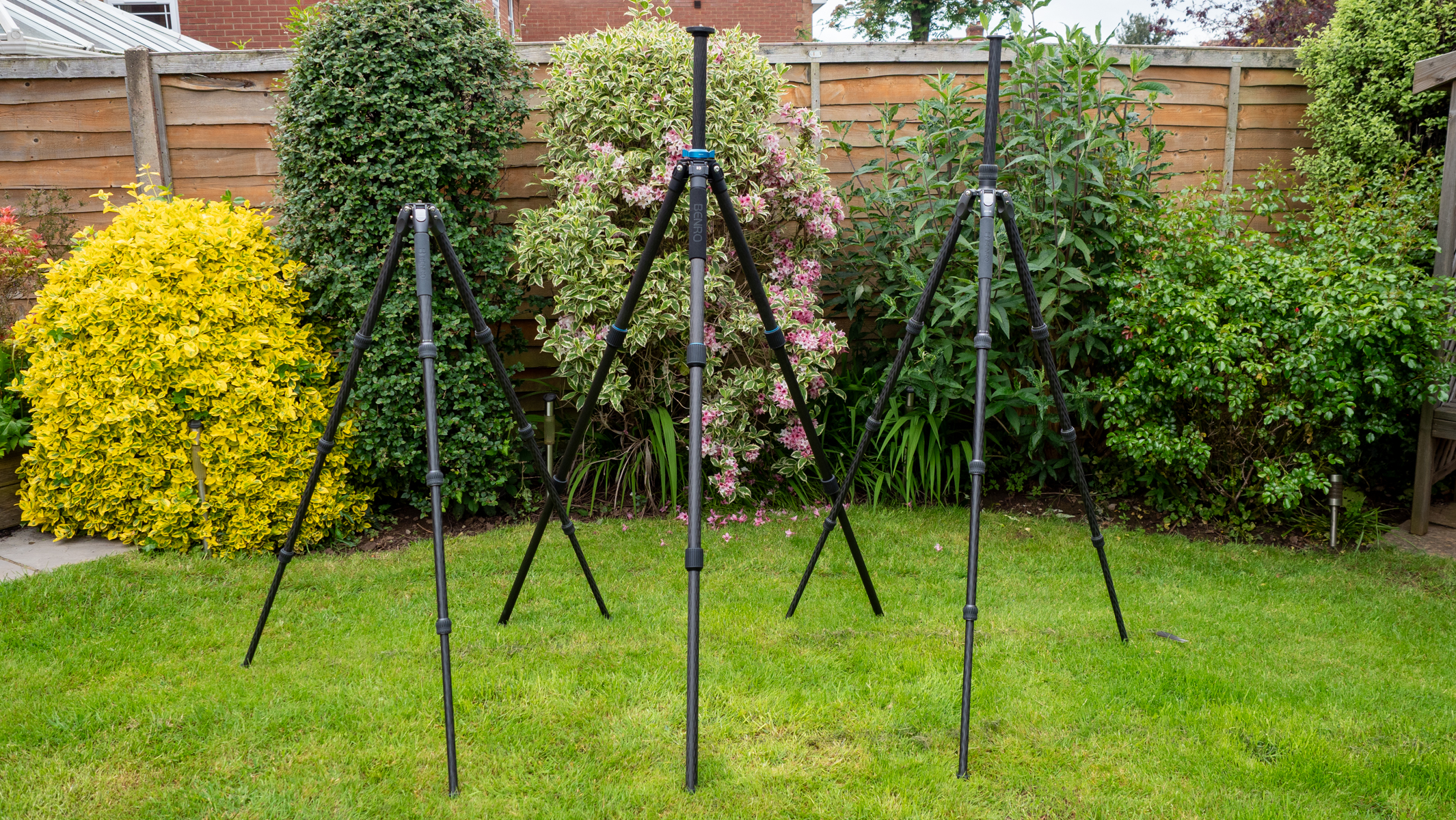 Benro Mach3, Benro Rhino and Benro Tortoise tripods with central columns extended