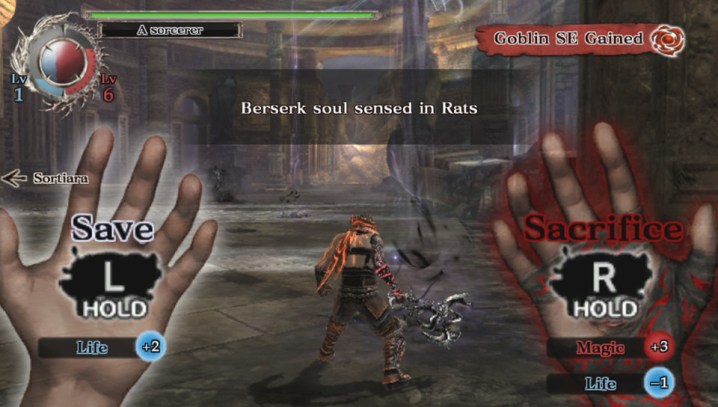 The option to save or sacrifice in Soul Sacrifice Delta.