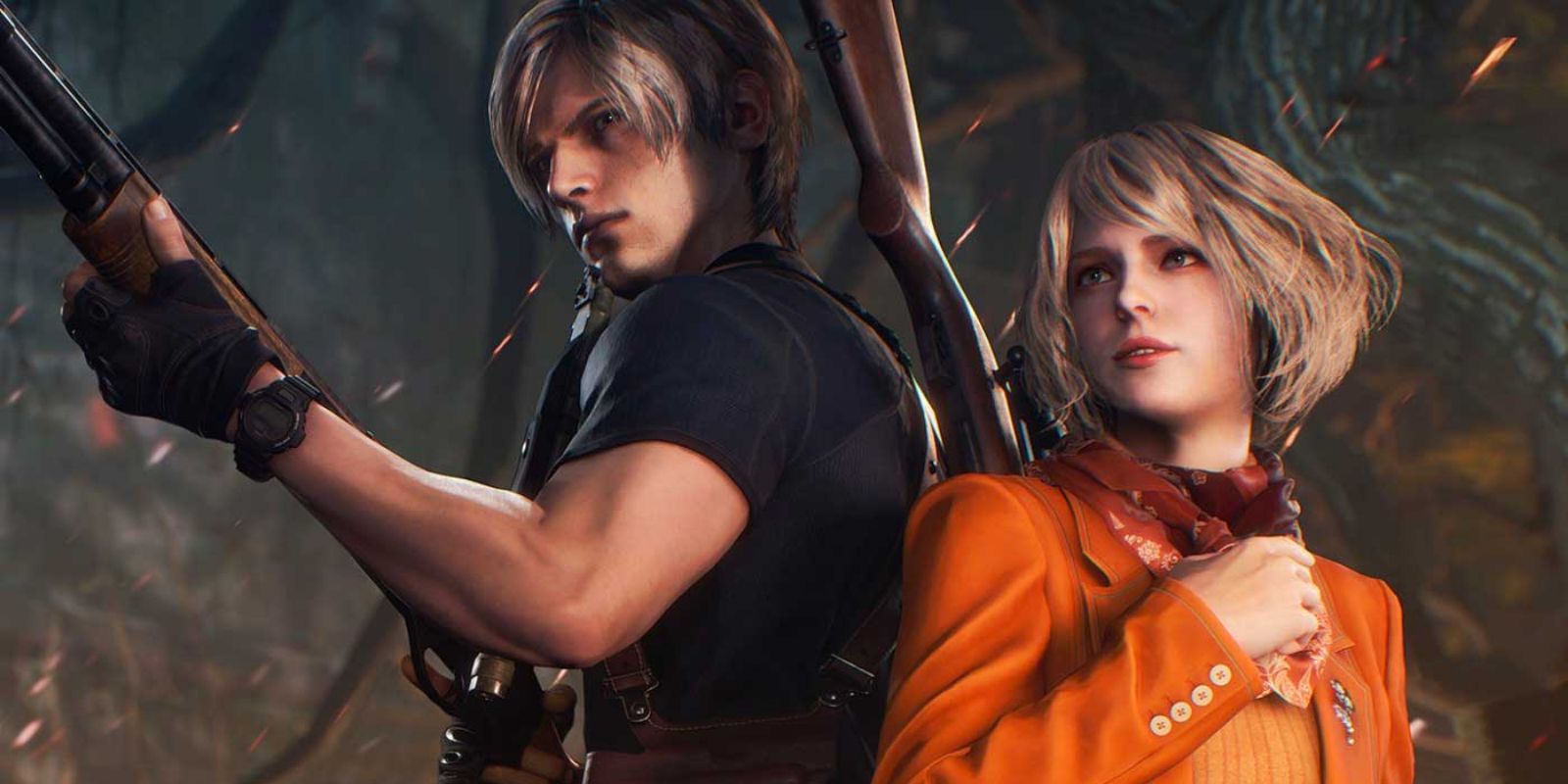 Resident Evil 4 Remake's Leon and Ashley standing back to back.