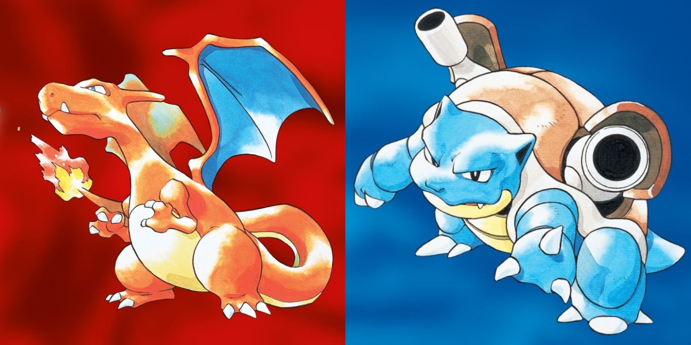 Split image of Charizard and Blastoise in key art for Pokémon Red and Blue.