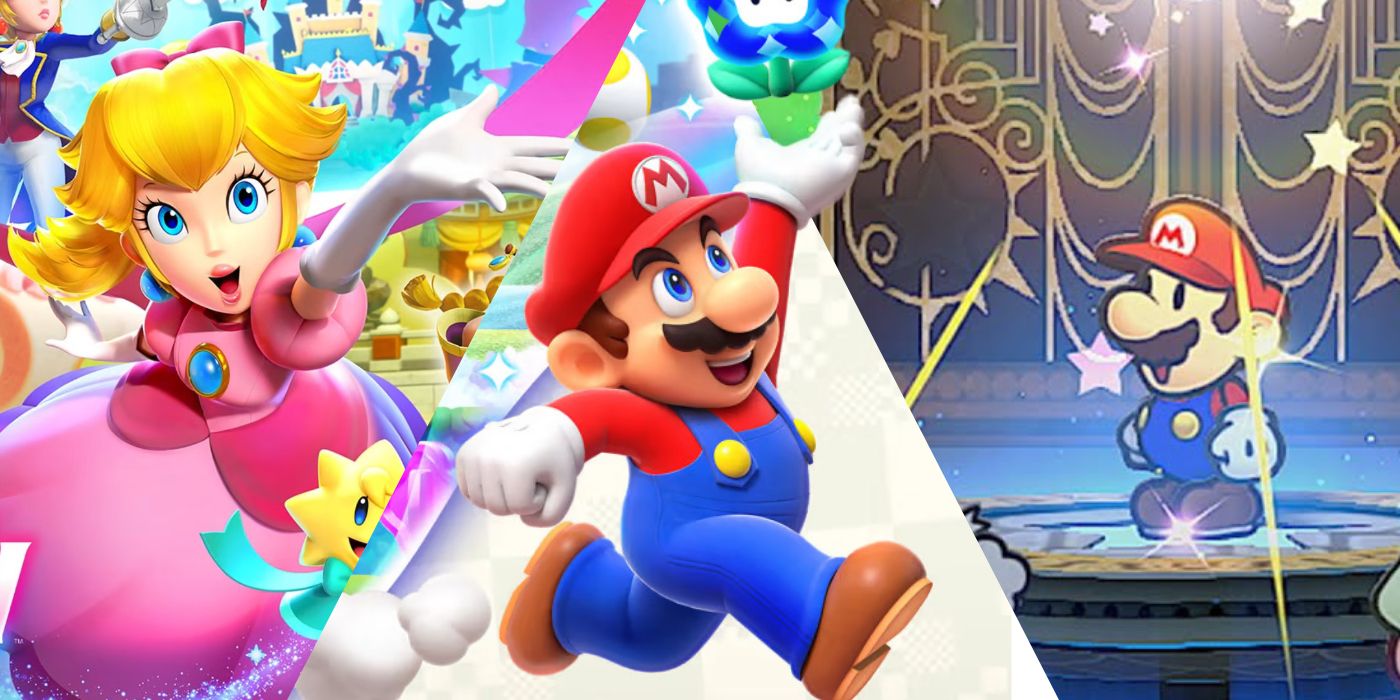 A split image of Mario games including Princess Peach Showtime!, Super Mario Bros. Wonder, and Paper Mario: The Thousand Year Door