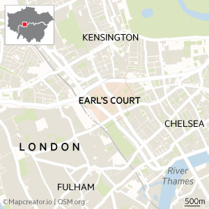 A map showing Kensington, Earl’s Court, Fulham and Chelsea 