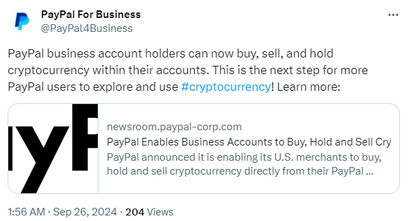 PayPal Enables U.S. Merchants to Buy and Sell Cryptocurrencies