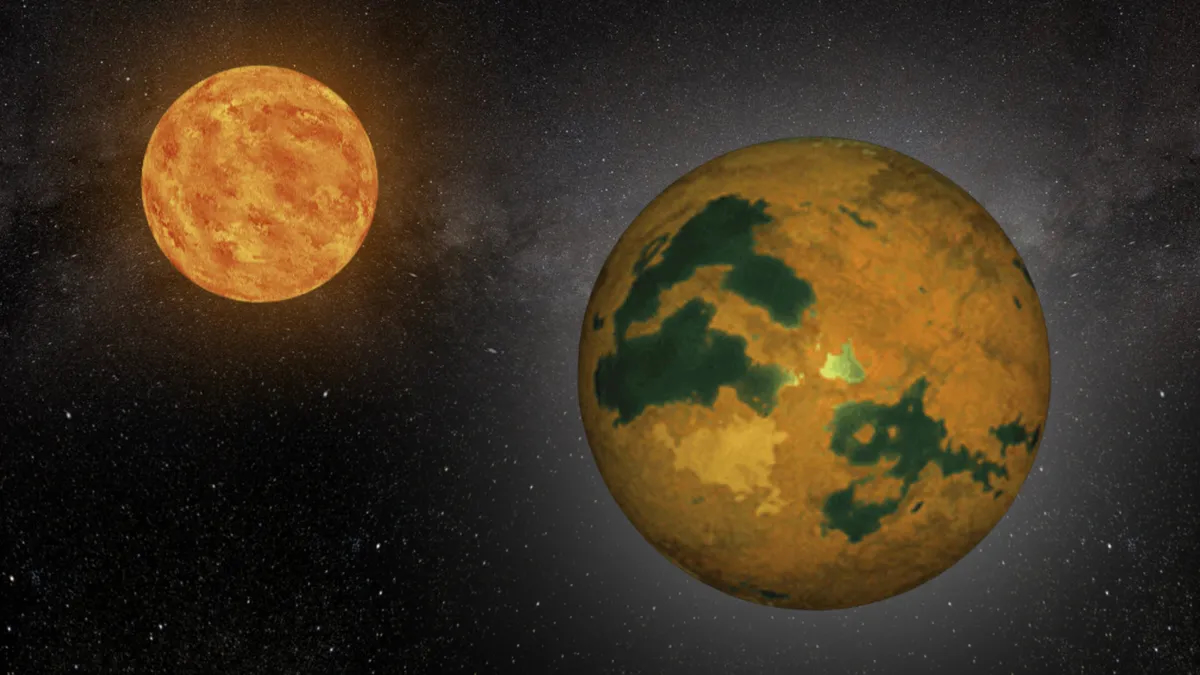 Artistic rendering of the possible view from LHS 3154b towards its low mass host star. Given its large mass, LHS 3154b probably has a Neptune-like composition.