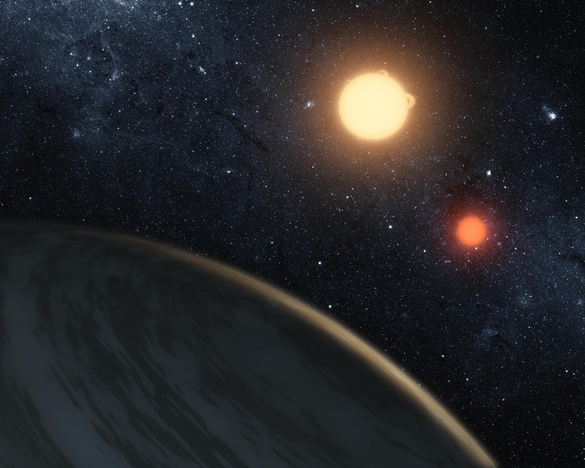 An artist image shows a marbled, white and beige planet in the foreground. In the background is a glowing, yellow star and a glowing, orange star on a starry, black background