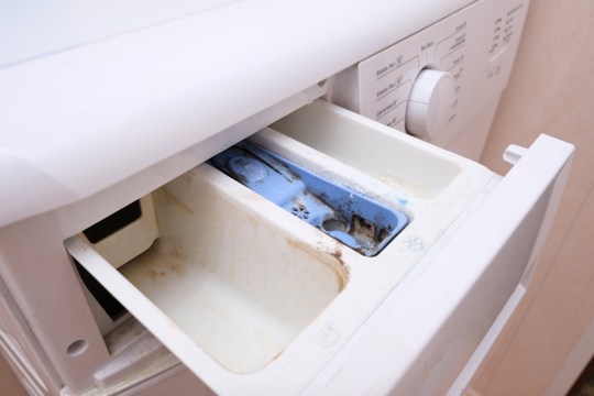 Dirty moldy washing machine detergent and fabric conditioner dispenser drawer compartment close up