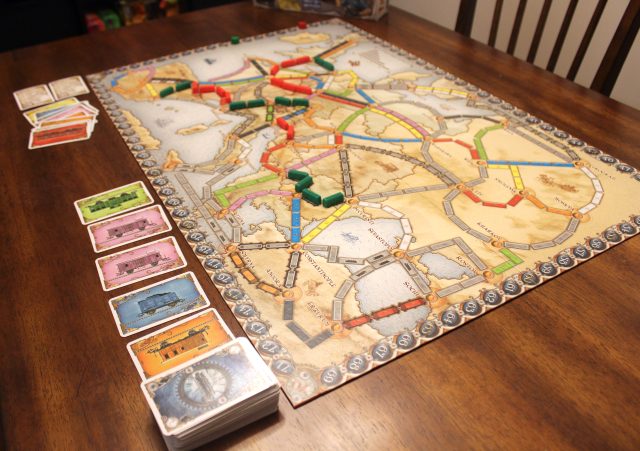 Game board and pieces for Ticket to Ride: Europe.