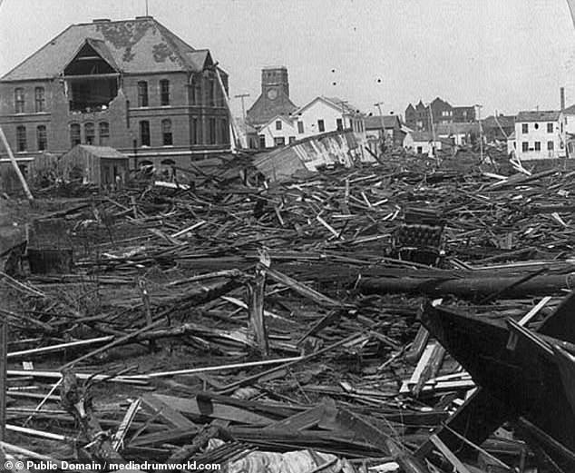 The remains of a school left flattened by the Category 4 hurricane that struck in 1900