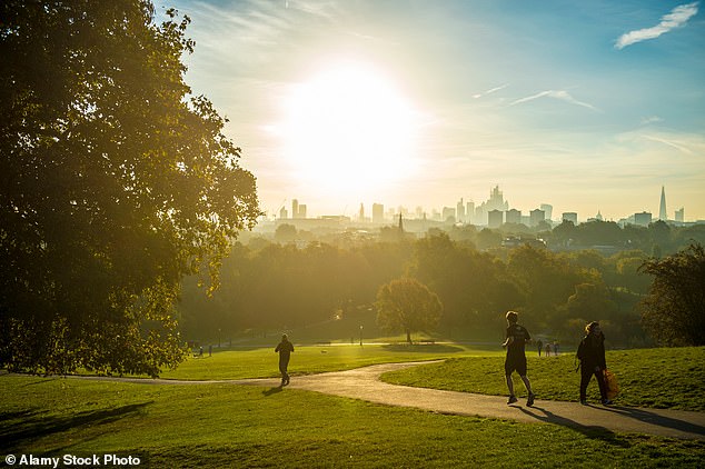 Image of people waking and running park: Spending more time standing is good for your blood sugars and for your bones