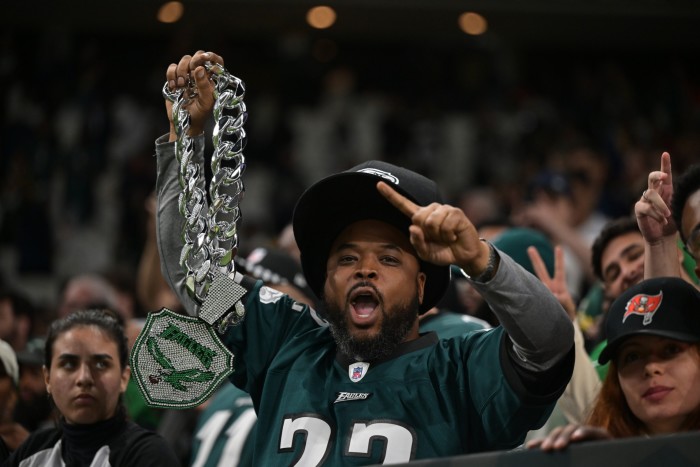 Philadelphia Eagles fans cheer after a 34-29 victory against the Green Bay Packers at Arena Corinthians in Sao Paulo, Brazil