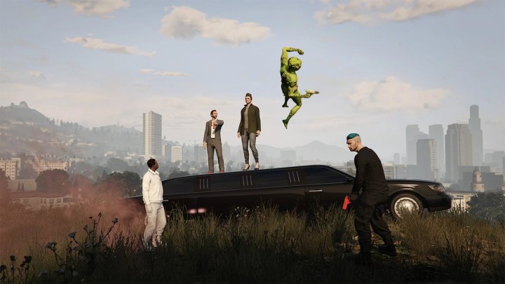 Five characters hanging out in GTA Online, with one hopping off a limo.