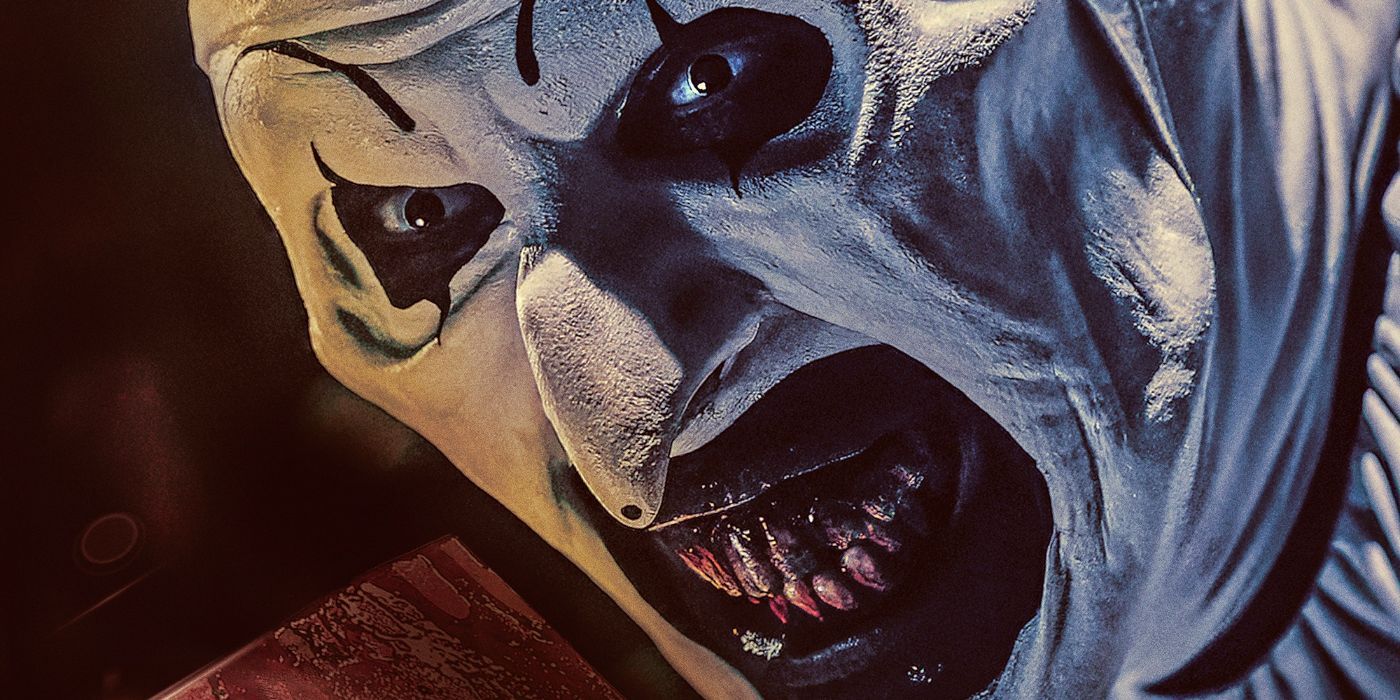 Poster art of Terrifier 3 with Art the Clown (David Howard Thornton) grinning