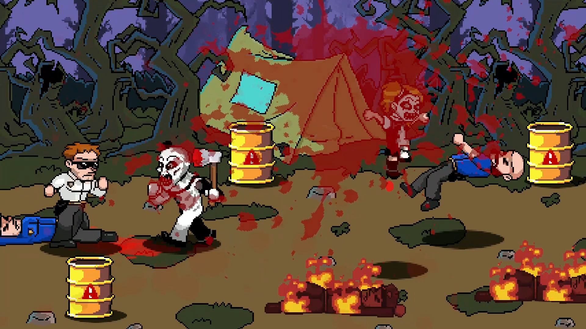 Art the Clown beating up several enemies with the help of a few friends at what appears to be a campsite, wielding a bloody axe with blood spatter covering the screen 