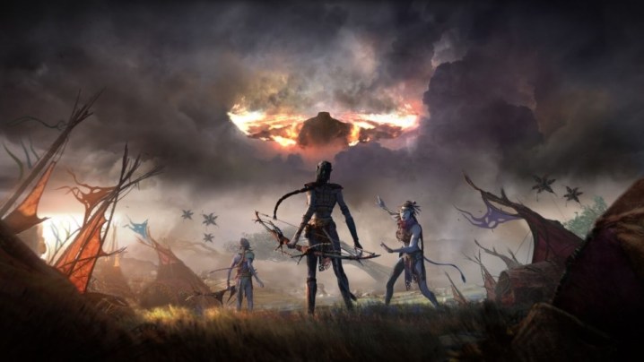 Three Na'vi standing in front of a dark, fiery sky amongst burned tents.