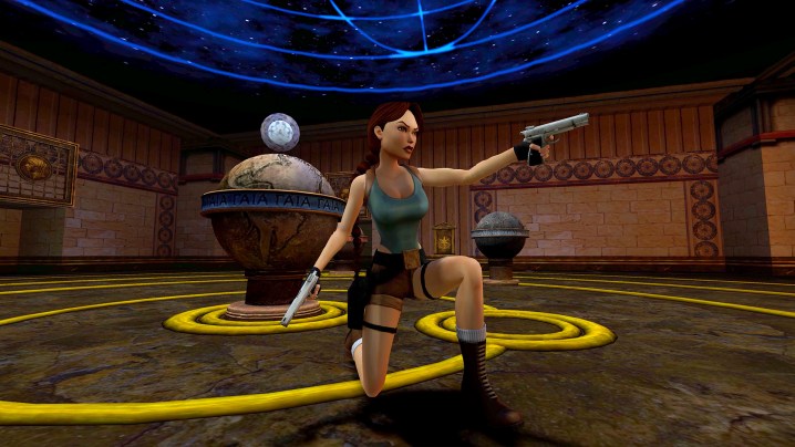 Lara Croft down on one knee double wielding pistols.