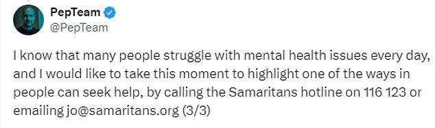 Guardiola has clarified his comment, stating he 'in no way intended' to make light of the issue of self harm.