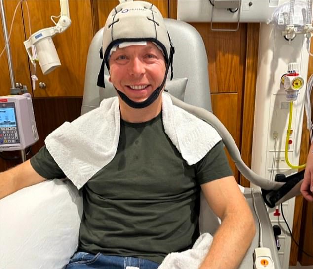 Sir Chris Hoy has been pictured using a cold cap which is designed to prevent hair loss during chemotherapy