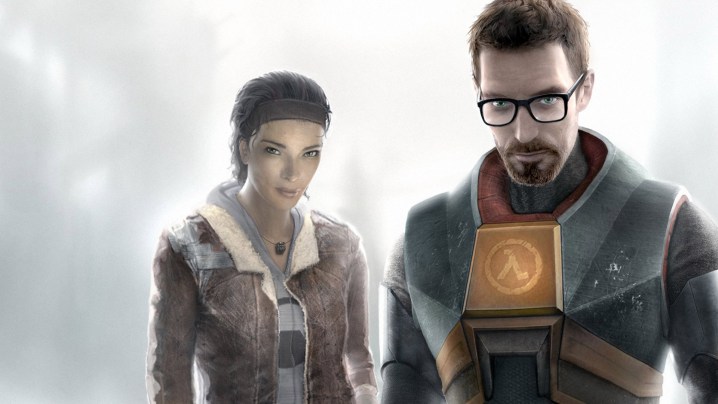 Gordon Freeman and Alyx standing together and looking at the camera.