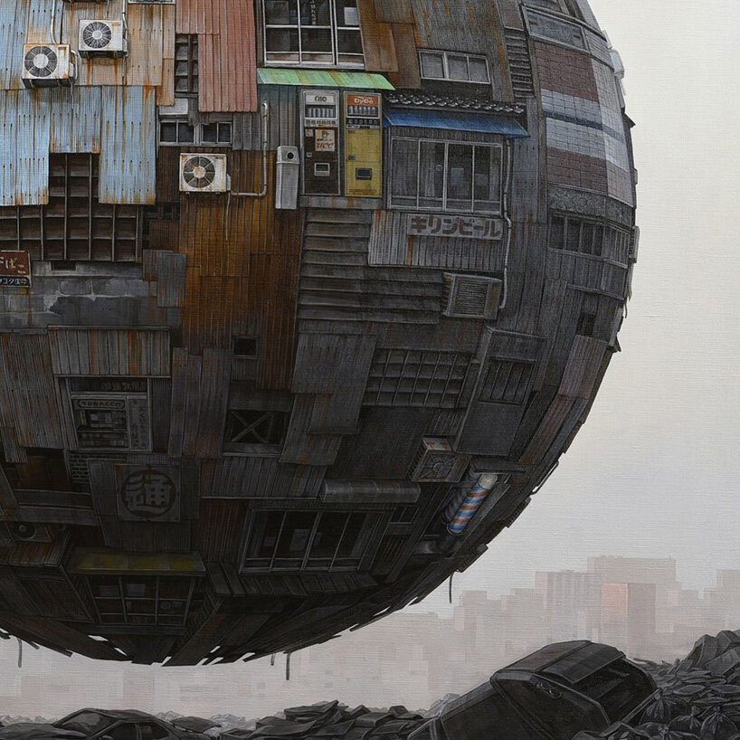 mosaics of urban remnants shape composite worlds on floating orbs by masakatsu sashie