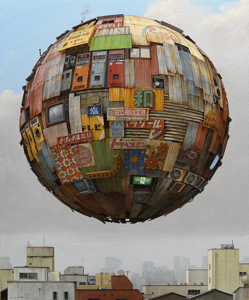 mosaics of urban remnants shape composite worlds on floating orbs by masakatsu sashie