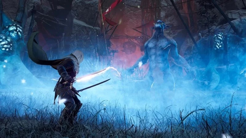 A screengrab from the "Dungeons & Dragons: Dark Alliance" video game, featuring Drizzt Do'Urden battling an enemy monster.