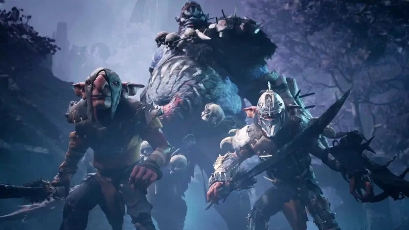 A screengrab from the "Dungeons & Dragons: Dark Alliance" video game, featuring a hill giant and two goblins hunting in a dark forest.