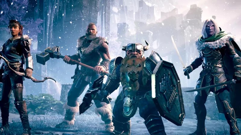 A screengrab from the "Dungeons & Dragons: Dark Alliance" video game, featuring the four playable characters preparing for combat.