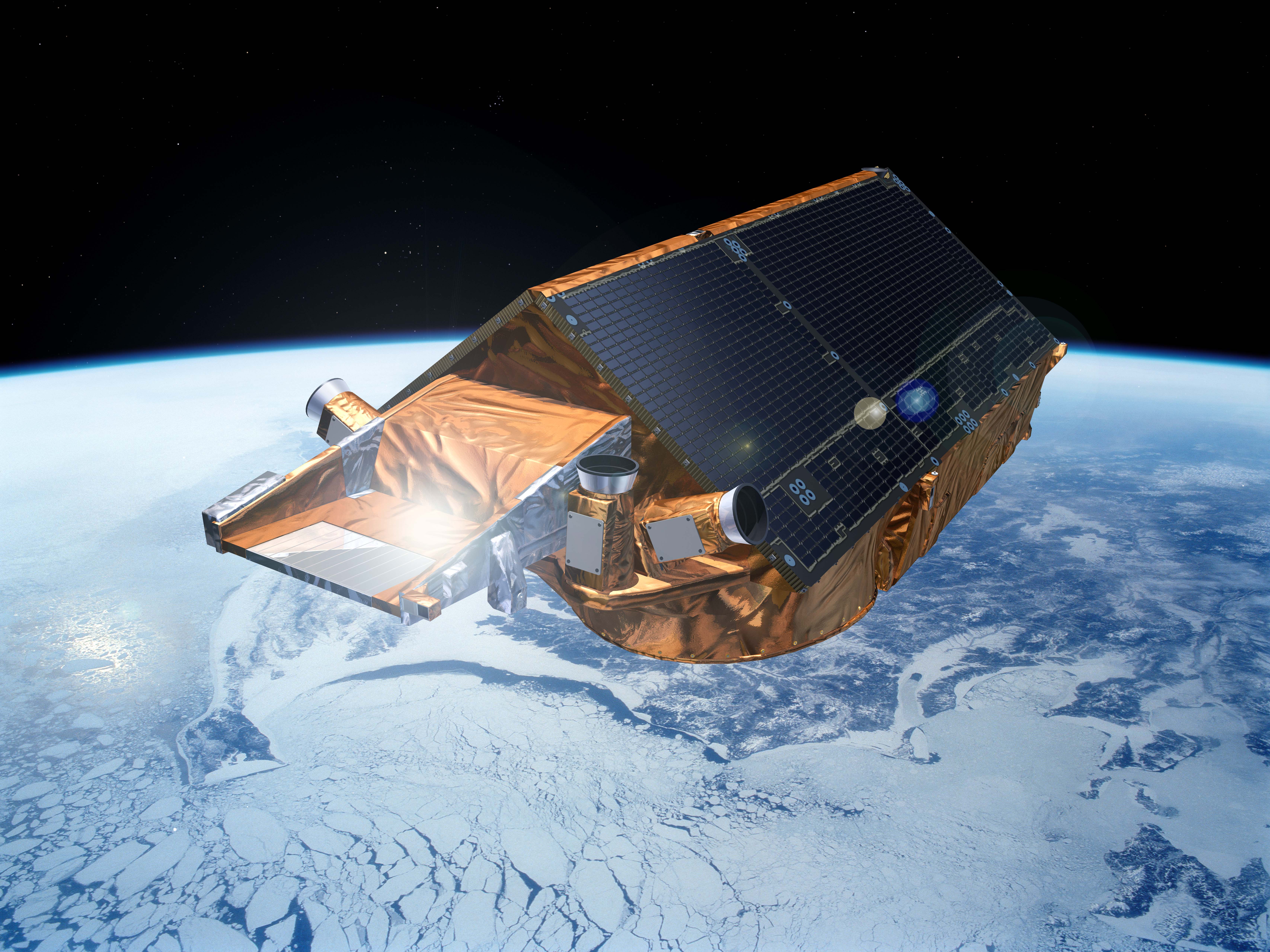 An illustration shows the European Space Agency’s CryoSat mission over the Earth. CryoSat-2 uses radar to make its observations