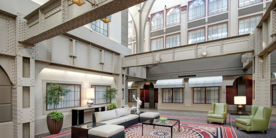 Lobby area of the Crowne Plaza Indianapolis Downtown Union Station hotel.