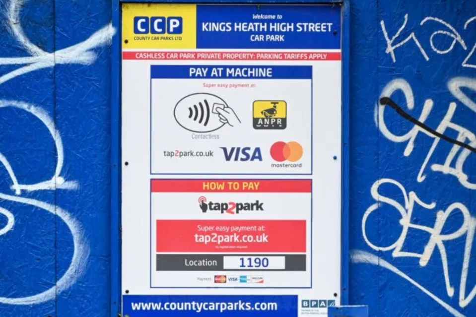 Kings Heath High Street car park payment instructions: contactless payment via Visa, Mastercard, tap2park; location 1190.