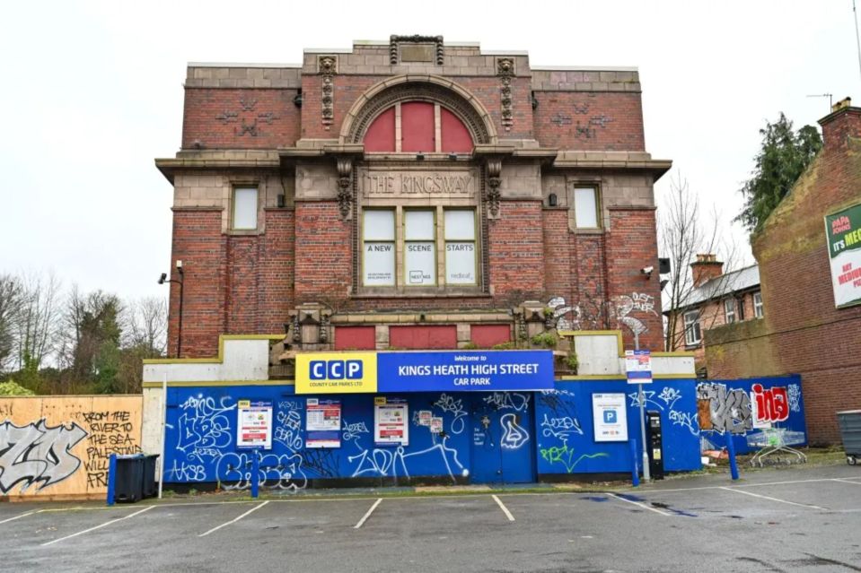 Kings Heath High Street car park, formerly The Kingsway, boarded up and graffitied.