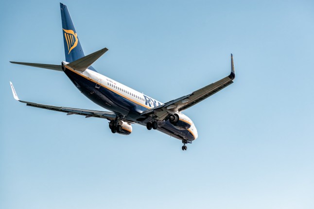 Ryanair plane flying in the sky.