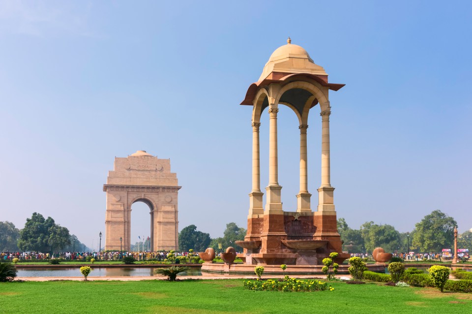 India Gate and canopy in New Delhi, India.