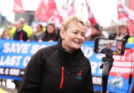 Unite General Secretary Sharon Graham at a demonstration to protest at Petroineos plans to close Grangemouth oil refinery, during the Scottish Labour Party conference at the Scottish Exhibition Centre (SEC) in Glasgow today.