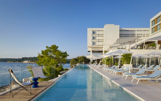 A view of the infinity pool on the roof terrace at Grand Hotel Brioni in Pula, Croatia.