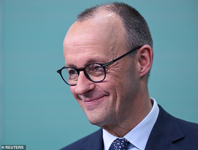 Leadership bid: After an election that saw the country shift to the Right, Friedrich Merz (pictured) looks likely to lead a coalition between his CDU party and the Social Democrats