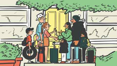 A cartoon of two families face to face on the doorstep of a house with a yellow front door. Both families have luggage and consist of a man and a woman and a boy and a girl. One family is dressed in summer clothes, the other in winter. One woman is handing a set of door keys to the other