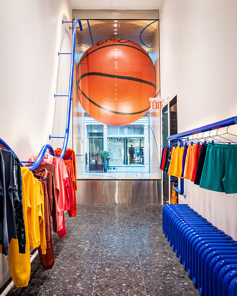 new york sunshine suspends massive basketball sculpture in eric emanuel's SoHo flagship