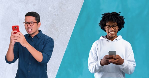 An angry man stares at his phone on a gray background, while a happy man uses his phone on a blue background.