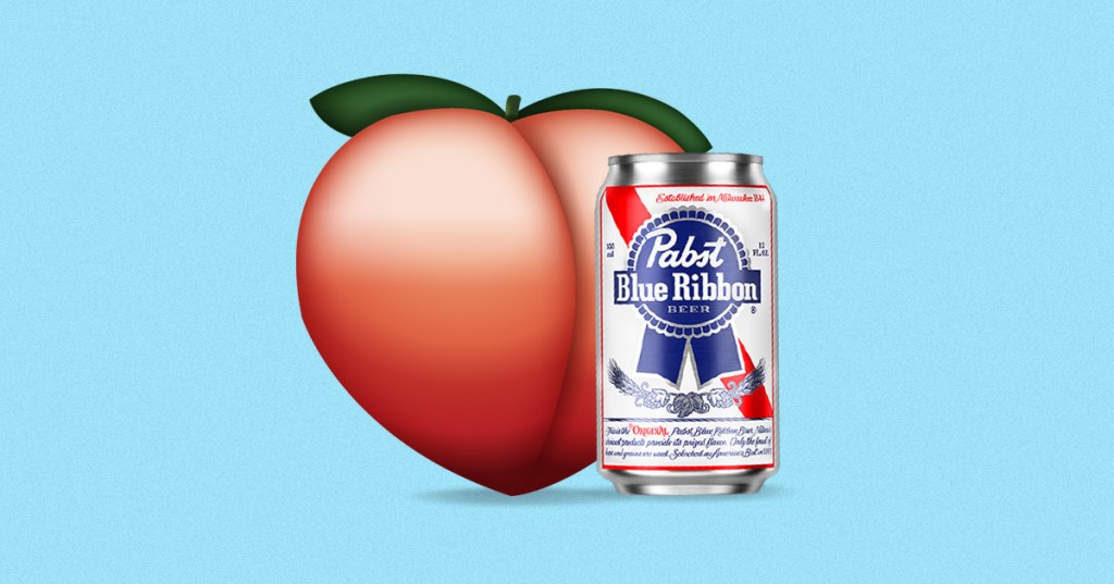 A can of Pabst Blue Ribbon sits next to an illustration of a giant peach