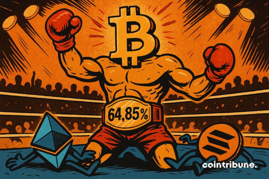 Bitcoin wins the ring with 64.85% dominance over the breathless ethereum and Solana altcoins.