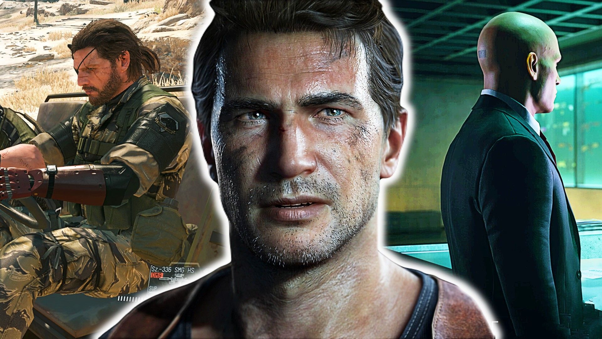 Drake from Uncharted 4 in between two screenshots from Metal Gear Solid V The Phantom Pain and Hitman.